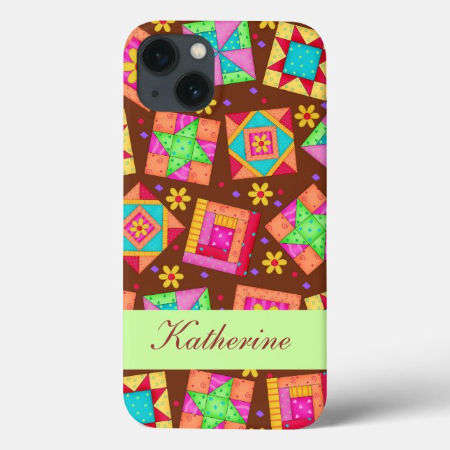 Coques Case-Mate iPhone Chocolat Brown Green Patchwork Quilt Block Art (Verso)