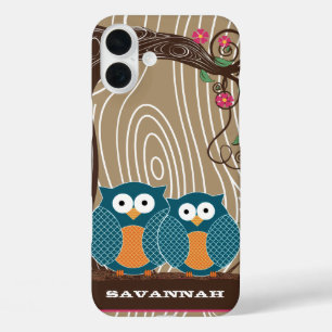 Coques iPhone 16 Plus Chouette grain de bois de mandarine arbre zig zag