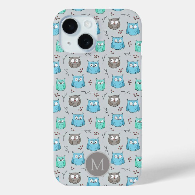 Coques Case-Mate iPhone Chouette gris bleu mou Motif Monogramme (Verso)