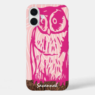 Coque Pour iPhone 16 Plus Chouette rose Motif de grains de bois Choisissez v