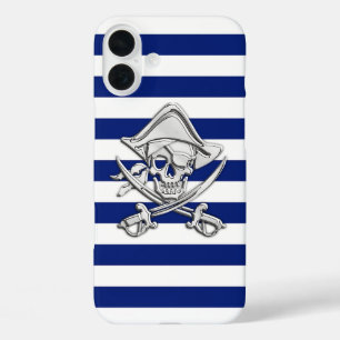 Coque Pour iPhone 16 Plus Chrome Crâne de Pirate sur Rayures Nuit
