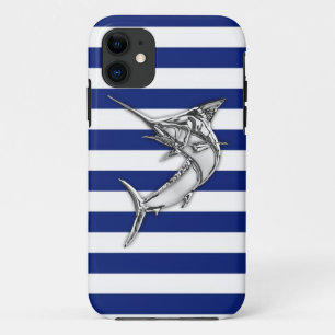 Coque Case-Mate Pour iPhone Chrome marlin Swordfish sur Nautical Stripes