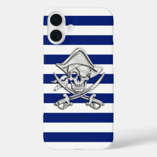 Coque Pour iPhone 16 Plus Chrome Pirate Crossbones sur les rayures de marine