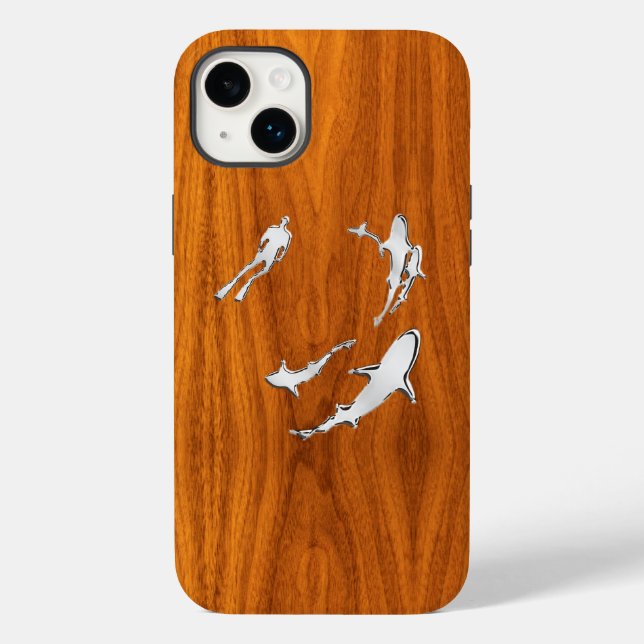 Coques Case-Mate iPhone Chrome Plongeur avec requins sur bois de teck (Verso)