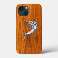 Chrome Poisson Marlin sur le plateau de teck Impri