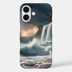 Coque Pour iPhone 16 Chute d'eau éclair Cliff Waves Beach