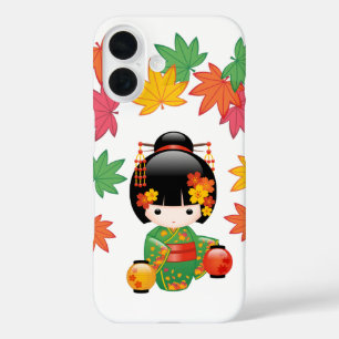 Coque Pour iPhone 16 Chute Poupée Kokeshi - Green Kimono Geisha Girl