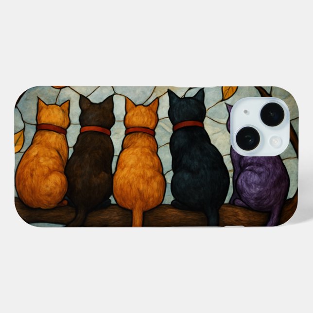 Coques Case-Mate iPhone Cinq chats sur une branche d'arbre de style vitrai (Verso (horizontal))