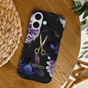 Coque Pour iPhone 16 Ciseaux de coiffure d'or sur florale foncée élégan