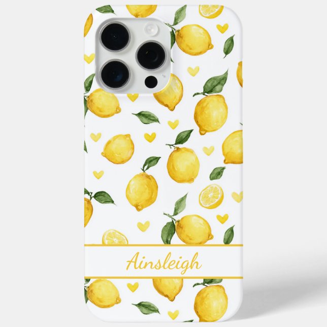 Coques Case-Mate iPhone Citrons à l'aquarelle avec monogramme cœurs (Verso)