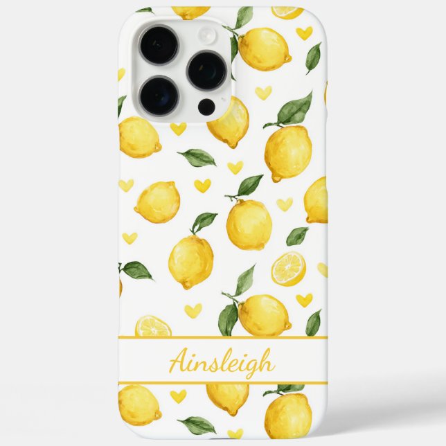 Coques Case-Mate iPhone Citrons à l'aquarelle avec monogramme cœurs (Verso)