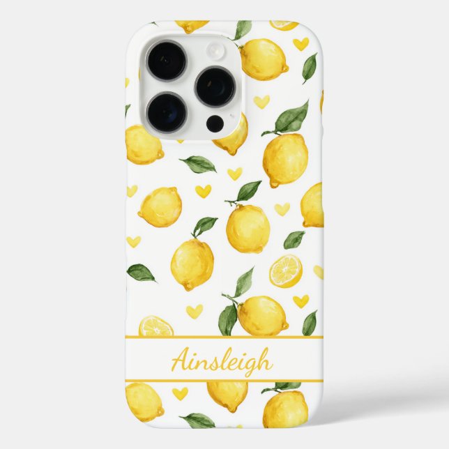 Coques Case-Mate iPhone Citrons à l'aquarelle avec monogramme cœurs (Verso)
