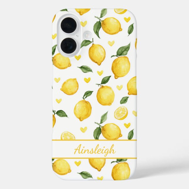 Coques Case-Mate iPhone Citrons à l'aquarelle avec monogramme cœurs (Verso)