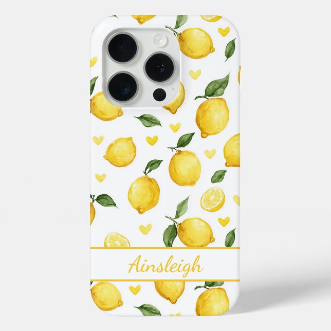 Coques Case-Mate iPhone Citrons à l'aquarelle avec monogramme cœurs (Verso)