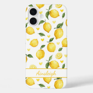 Coque Pour iPhone 16 Plus Citrons à l'aquarelle avec monogramme de cœurs