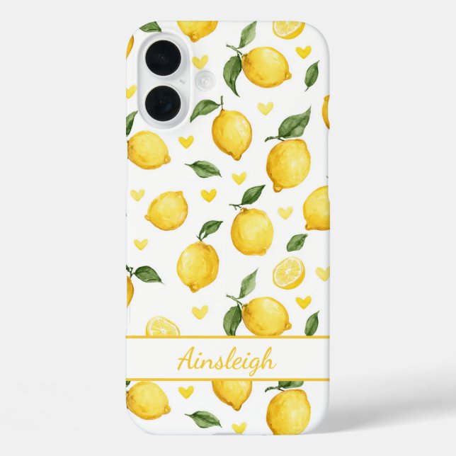 Coques Case-Mate iPhone Citrons à l'aquarelle avec monogramme de cœurs (Verso)
