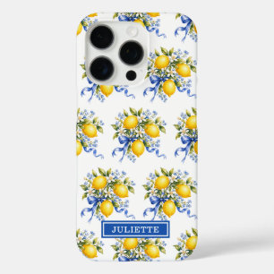 Coque iPhone 16 Pro Citrons à l'aquarelle avec monogramme de fleurs bl