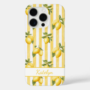 Coque iPhone 16 Pro Citrons à l'aquarelle sur monogramme à rayures jau
