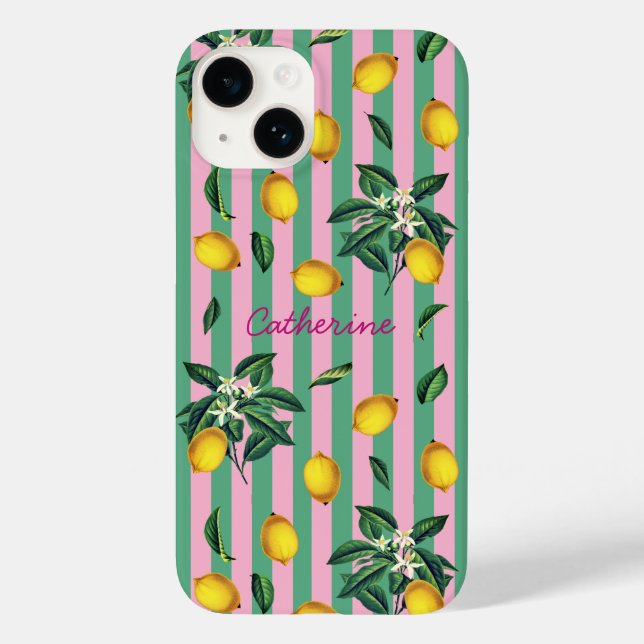 Coques Case-Mate iPhone Citrons Méditerranéens Nom Bandes Roses Vertes (Verso)