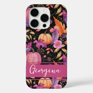 Coque iPhone 16 Pro Citrouille élégant et fleurs tombent motif