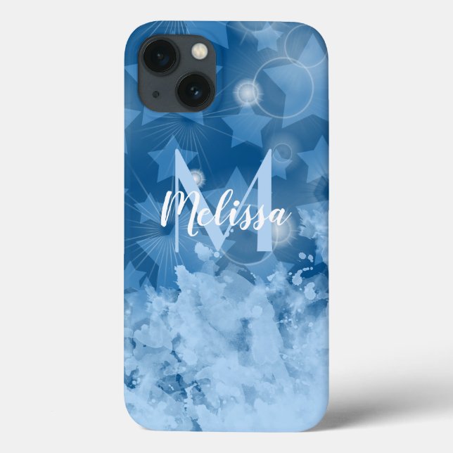 Coques Case-Mate iPhone Classic Blue Stars motif Moderne Monogramme Nom (Verso)