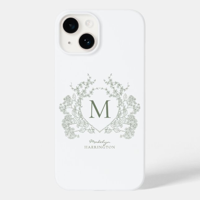 Coques Case-Mate iPhone Classic Botanique Sage Vert Floral Crest Monogramm (Verso)