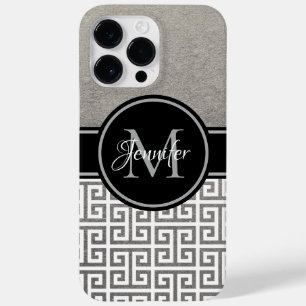 Coque Case-Mate iPhone Clé grecque monogramme noir et blanc feuille d'arg
