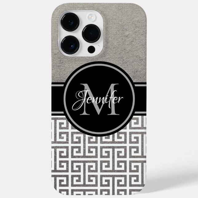 Coques Case-Mate iPhone Clé grecque monogramme noir et blanc feuille d'arg (Verso)