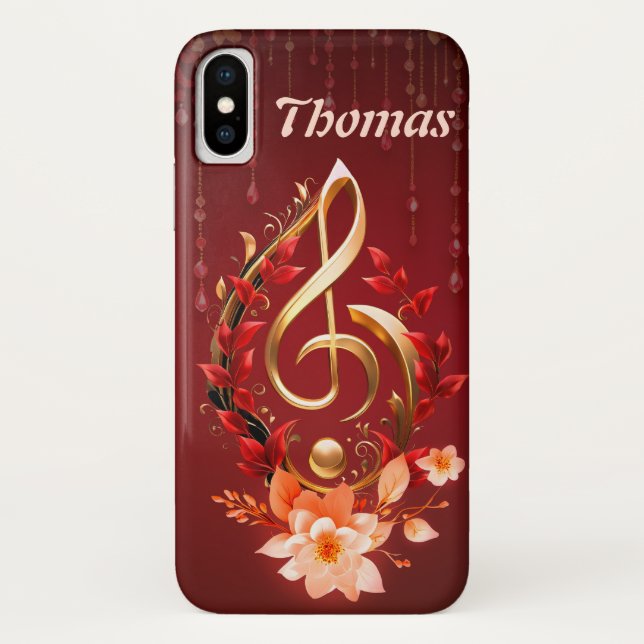 Coques Case-Mate iPhone Clé triplée dorée avec feuilles rouges. (Dos)