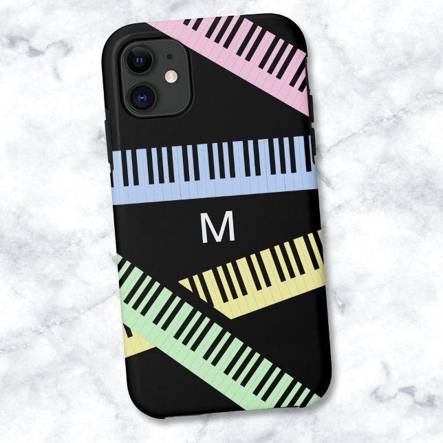 Coques Case-Mate iPhone Clés de clavier de piano musique amoureux Monogram (A monogrammed phone case for music lovers, with piano keys design in pastel colors)