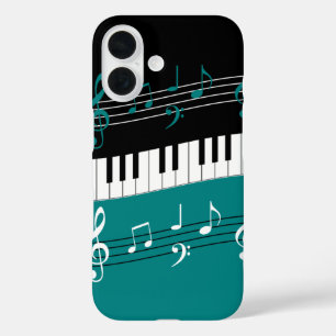 Coque Pour iPhone 16 Clés et notes de piano Turquoise noir blanc