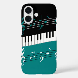 Coque Pour iPhone 16 Clés et notes de piano Turquoise noir blanc