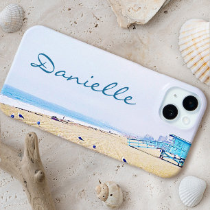 Coque iPhone 15 Mini Coastal Ocean Beach Seaguls Photo Nom personnalisé