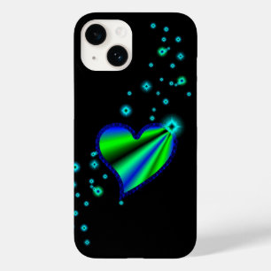 Coque Pour iPhone 14 Coeur arc-en-ciel bleu vert avec étoiles sur noir