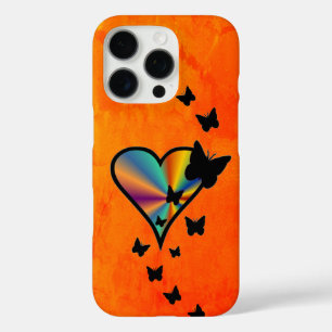 Coque iPhone 16 Pro Coeur arc-en-ciel et papillon