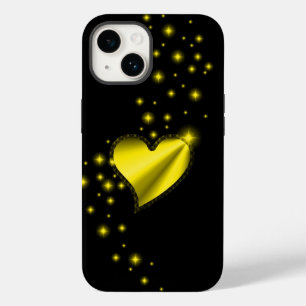 Coque Pour iPhone 14 Coeur arc-en-ciel jaune or avec étoiles sur noir