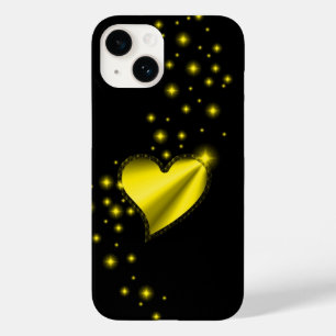 Coque Pour iPhone 14 Coeur arc-en-ciel jaune or avec étoiles sur noir