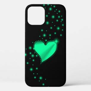 Coque iPhone 12 Coeur arc-en-ciel vert avec étoiles sur noir