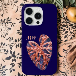 Coque Case-Mate iPhone Coeur bleu marine orange monogramme broderie éléga