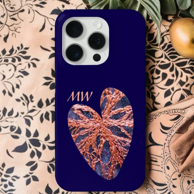 Coques Case-Mate iPhone Coeur bleu marine orange monogramme broderie éléga (Créateur téléchargé)