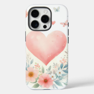 Coque iPhone 16 Pro Cœur de l'aquarelle douce Fleurs d'amour Oiseaux