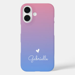 Coque Pour iPhone 16 Coeur dégradé bleu rose avec un nom de script mini