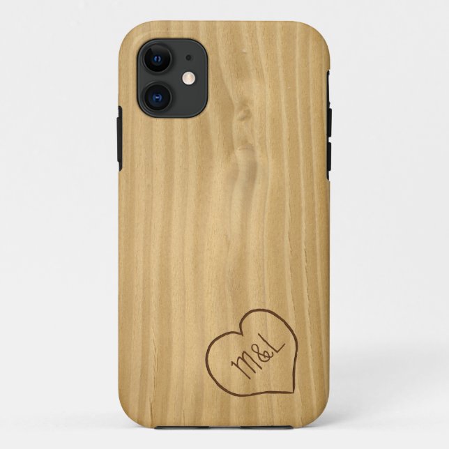 Coques Case-Mate iPhone Coeur et initiales gravés sur la texture en bois (Dos)