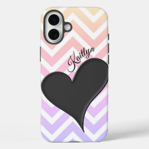 Coque Pour iPhone 16 Plus Coeur noir sur Rainbow Chevron Stripe Téléphone Ca
