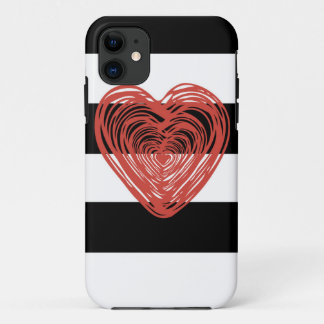 Coque iPhone 11 Coeur rouge avec les rayures noires et blanches