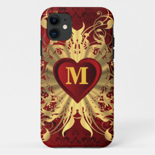 Coques Pour iPhone Coeur rouge et motif or monogrammé