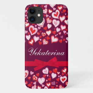 Coque iPhone 11 Coeur ruban rouge rose & mauve nom
