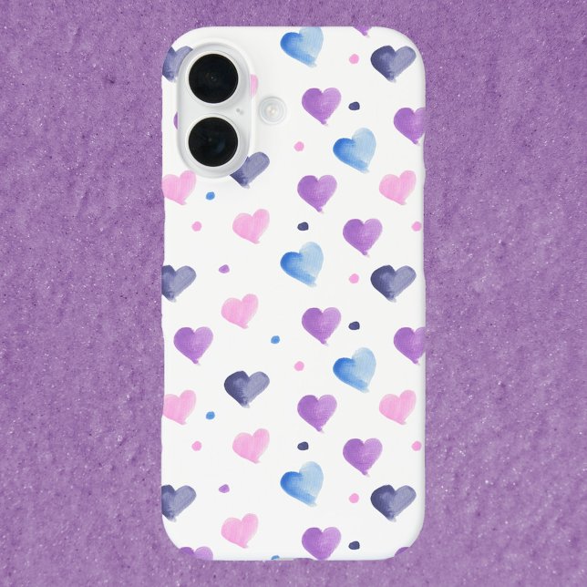 Coques Case-Mate iPhone Coeurs Aquarelle Motif rose Bleu pourpre (A phone case with a pattern of pink, blue and purple watercolor hearts and dots.)