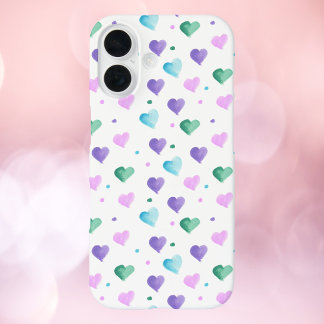 Coque Pour iPhone 16 Coeurs Aquarelle Motif Vert Bleu Rose violet
