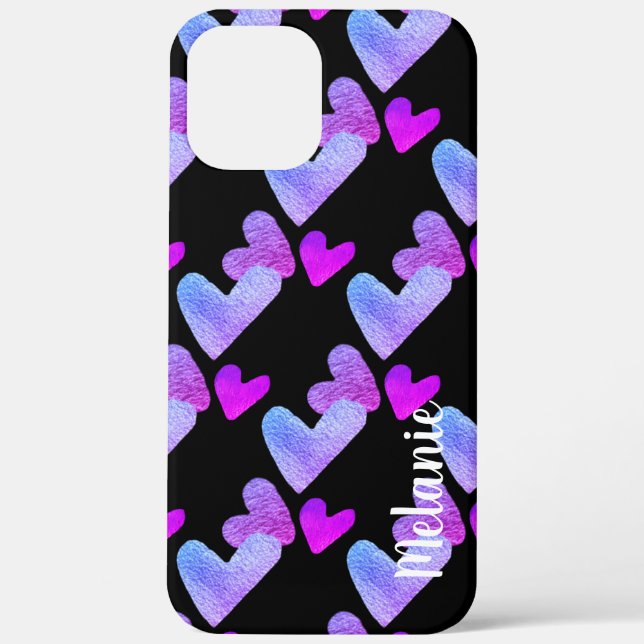 Coques Case-Mate iPhone Cœurs Aquarelle Violet Rose Monogramme Gras (Verso)